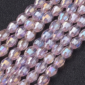 Electroplate Glass Beads, AB Color Plated, Faceted Oval, Pink, bead: 6mm long, 4mm thick, hole: 1mm, about 72pcs/strand