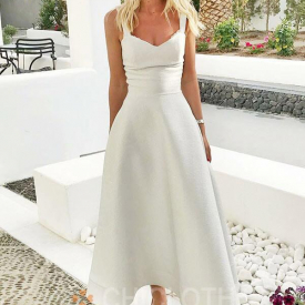 A-Line Straps Ankle Length Sleeveless White Satin Homecoming Dress-Cheap Casual Dresses