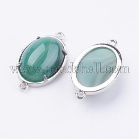Brass Natural Agate Links/Connectors, Dyed & Heated, Oval, Platinum, 15~15.5×25.5~26×6.5~7mm, Hole: 1.5~2mm