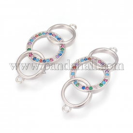 Brass Links, with Micro Pave Cubic Zirconia, Rings, Colorful, Platinum, 29x13x2.5mm, Hole: 1.5mm