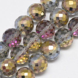 Electroplate Glass Beads Strands, Rainbow Plated, Frosted, Faceted, Round, Gray, 12mm, Hole: 1.5mm; about 50pcs/strand, 22.05″