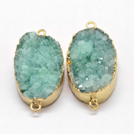 Electroplated Natural & Dyed Druzy Agate Links/Connectors, with Golden Plated Brass Findings, Oval, Aqua, 30~42×15~27×9~12mm, Hole: 2mm