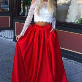 Two Piece Cold Shoulder Long Red Mermaid Prom Dresses 2020