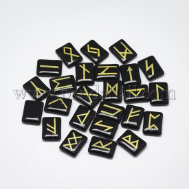 Spray Painted Glass Cabochons, Rectangle with Runes/Futhark/Futhorc, Black, 19~20×14~15×4.5~6mm; 25pcs/set