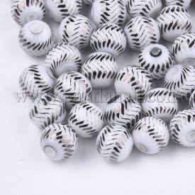 Electroplate Glass Beads, Round with Wave Pattern, CoconutBrown, 8~8.5mm, Hole: 1.5mm