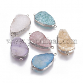 Natural Druzy Crystal Links/Connectors, with Platinum Tone Brass Findings, Drop, Dyed, Mixed Color, 38~43×22~23×7~10.5mm, Hole: 2mm