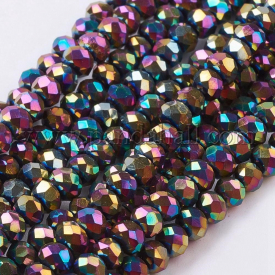 Electroplate Glass Beads Strands, Faceted, Rondelle, Multi-color Plated, 3x2mm, Hole: 1mm; about 100pcs/strand, 10″