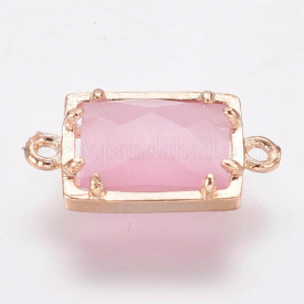 Brass Links/Connectors with Faceted Glass, Rectangle, Golden, Pink, 15.5x9x4mm, Hole: 1mm