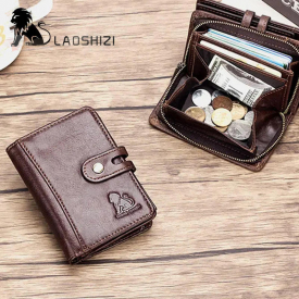 Men Vintage Genuine Leather RFID Blocking Zipper Coin Wallet