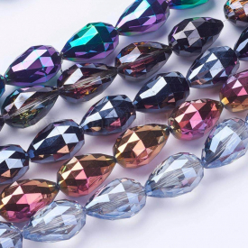 Electroplate Glass Beads Strands, Faceted, Drop, Mixed Color, 27~28x18mm, Hole: 2mm; about 25pcs/strand, 26.3″~27.1″(67cm~69cm)