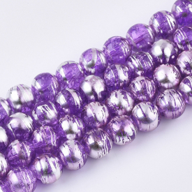 Drawbench Transparent Glass Beads Strands, Crackle Style, Round, DarkViolet, 8×7.5mm, Hole: 1.5mm; about 103~105pcs/strand, 30.3”
