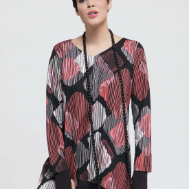 Vetono Black/White/Coral Printed Jersey Tunic With Dipped Hem
