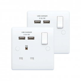 BG Electrical Single Gang Wall Power Socket Cover Plate with 2 USB Charger Ports – Value Twin Pack