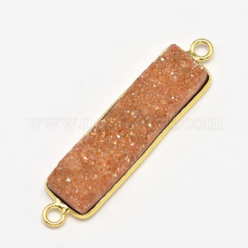 Rectangle Electroplated Natural Druzy Crystal Agate Links, with Golden Plated Brass Findings, Rainbow Plated, 40~45×10~13×5~9mm, Hole: 2mm