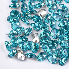 Pointed Back Resin Rhinestone Cabochons, Back Plated, Faceted, Oval, Blue Zircon, 13.5~14×9.5~10x6mm; about 200pcs/bag