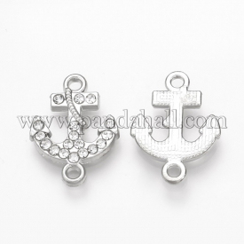 Alloy Rhinestone Links, Anchor, Platinum, 18.5×13.5x2mm, Hole: 1mm