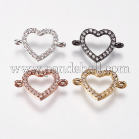 Brass Micro Pave Cubic Zirconia Links, Heart, Clear, Mixed Color, 10.5x16x2mm, Hole: 1.5mm