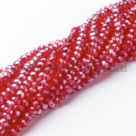 Electroplate Glass Beads Strands, AB Color Plated, Faceted, Rondelle, Red, 4x3mm, Hole: 1mm; about 140~145pcs/strand, 16″