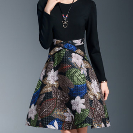 A-line Crew Neck Long Sleeve Floral Elegant Midi Dress