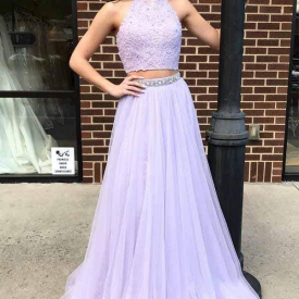 Two Piece Halter Lavender Cute Long Prom Dresses Cheap