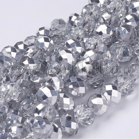 Electroplate Glass Bead Strands, Half Silver Plated, Faceted, Rondelle, Clear, 10x7mm, Hole: 1mm; about 70~72pcs/strand, 19.8″