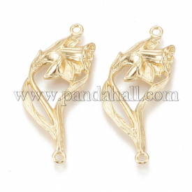 Brass Links, Flower, Real Gold Plated, 38x16x3mm, Hole: 1.5mm