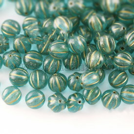 Czech Glass Beads, with Gold Wash, Pumpkin/Round Melon, MediumSeaGreen, 8mm, Hole: 0.8mm; about 140pcs/bag, 95~100g/bag