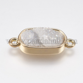 Electroplated Natural Druzy Agate Links, with Golden Tone Brass Findings, Oval, Rainbow Plated, 10x24x6mm, Hole: 1mm