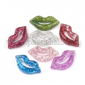 Resin Cabochons, with Glitter Powder, Lip, Mixed Color, 17x9x3.5mm