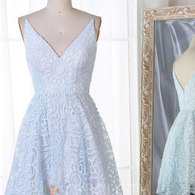 A-Line Spaghetti Straps Short Light Blue Lace Homecoming Dress-Cheap Casual Dresses
