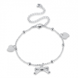 YUEYIN 925 Silver Plated Anklet Bracelet Sweet Heart Bowknot Pendant Sandal Foot Chain