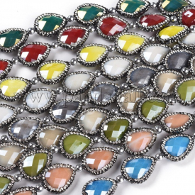 Electroplate Glass Beads Strands, with Rhinestone, Faceted, Drop, Mixed Color, 22.5~23×17~17.5×7.5~8mm, Hole: 1mm; about 8pcs/strand, 8.5″(21.7cm)