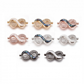 Brass Micro Pave Cubic Zirconia Links, with Shell, Infinity, Mixed Color, 10.5x23x3mm, Hole: 1.2mm