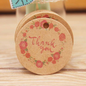 Paper Gift Tags, Hange Tags, For Arts and Crafts, Thanksgiving, Round with Flower and Word Thank You, BurlyWood, 30×0.4mm, Hole: 3mm