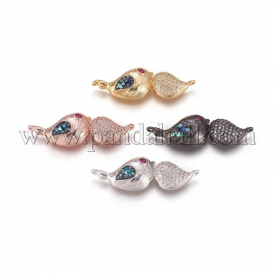 Brass Micro Pave Cubic Zirconia Links, with Abalone/Paua Shell, Bird, Colorful, Mixed Color, 12x34x6.8mm, Hole: 1.2mm