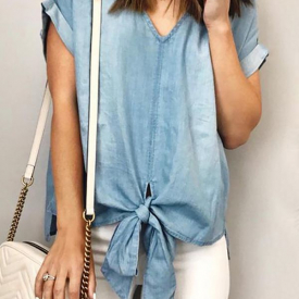 Solid Casual Vneckline Short Sleeve Blouses Women Tops