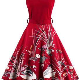 Chicloth Sleeved Vintage Swan Printed V-neck Dresses-Cheap Casual Dresses