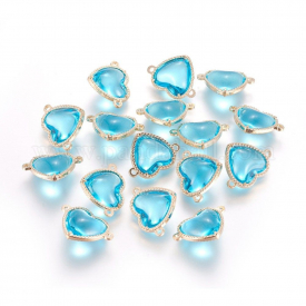 Glass Links/Connectors, with Environmental Alloy Findings, Heart, Light Gold, SkyBlue, 14×18.5x7mm, Hole: 1.2mm