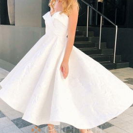 A-Line Spaghetti Straps Tea-Length White Floral Satin Homecoming Dress-Cheap Casual Dresses