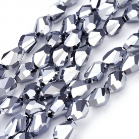 Electroplate Glass Beads Strands, Full Plated, Faceted, Teardrop, Platinum Plated, 11~12×7.5×7.5~8mm, Hole: 1.4mm; about 50pcs/strand, 22″(56cm)