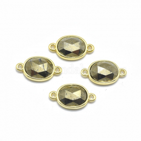 Natural Pyrite Links/Connectors, with Golden Tone Brass Findings, Oval, Faceted, 17×9.5×4.5mm, Hole: 1.2mm