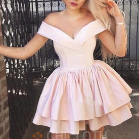 A-Line Off-the-Shoulder Tiered Pink Satin Homecoming Dress-Cheap Casual Dresses