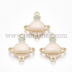 Alloy Links/Connectors, with Enamel, Planet with Flower, Light Gold, MistyRose, 22x19x4mm, Hole: 1mm
