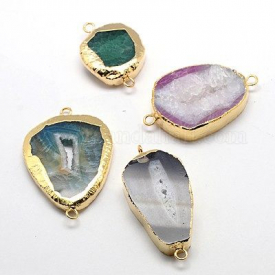 Natural Geode Agate Links/Connectors, Druzy Agate, with Brass Findings, Nuggets, Golden Metal Color, Gemstone, 35~56×21~39×6~10mm, Hole: 2~3mm