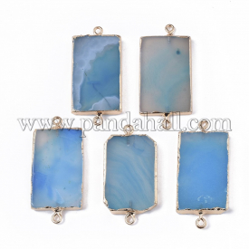 Edge Golden Plated Natural Agate Links/Connectors, with Golden Tone Iron Loops, Rectangle, Dyed, LightBlue, 48~53.5×24~28×4~7mm, Hole: 1.8mm