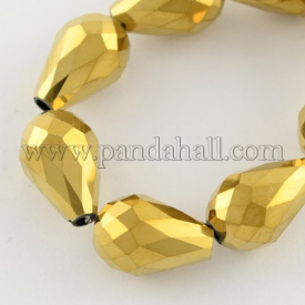 Electroplate Glass Bead Strands, Faceted, Drop, Golden Plated, 6x4mm; Hole: 0.5mm, about 72pcs/strand, 15.5″