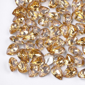 Pointed Back Resin Rhinestone Cabochons, Back Plated, Faceted, Drop, Light Topaz, 9.5~10×6.5~7×4~4.5mm; about 600pcs/bag