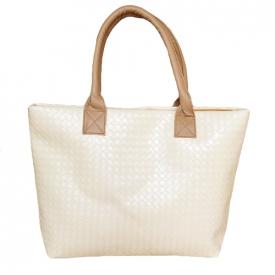 Fashion Women Handbag PU Leather Woven Design Zipper Top Grab Handle Solid Color Shoulder Bag