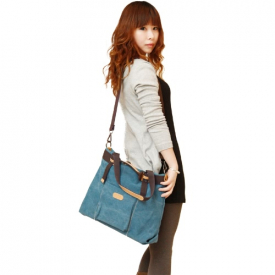New Fashion Women Shoulder Bag Canvas Solid PU Trim Zipper Fastening Casual Crossbody Handbag