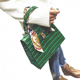 Europe Fashion Women PU Handbag Crocodile Pattern Ribbon Handle Lock Tote Shoulder Messenger Bag Black/Dark Green